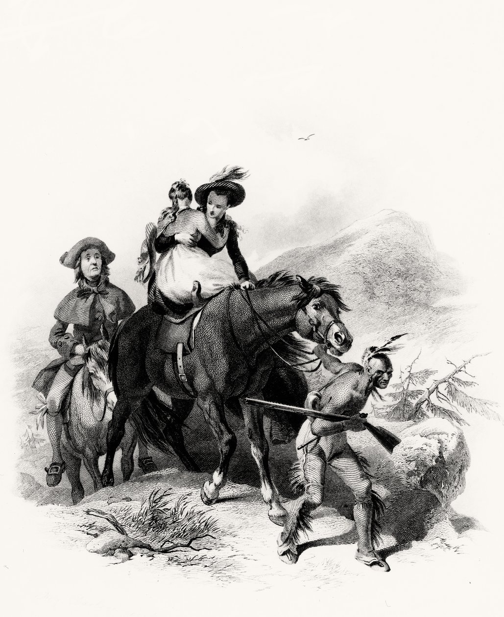 Placer Alice sur le même cheval avec Cora, il saisit la bride et commença sa route en plongeant plus profondément dans la forêt, illustration de Le Dernier des Mohicans, par James Fennimore Cooper - American School