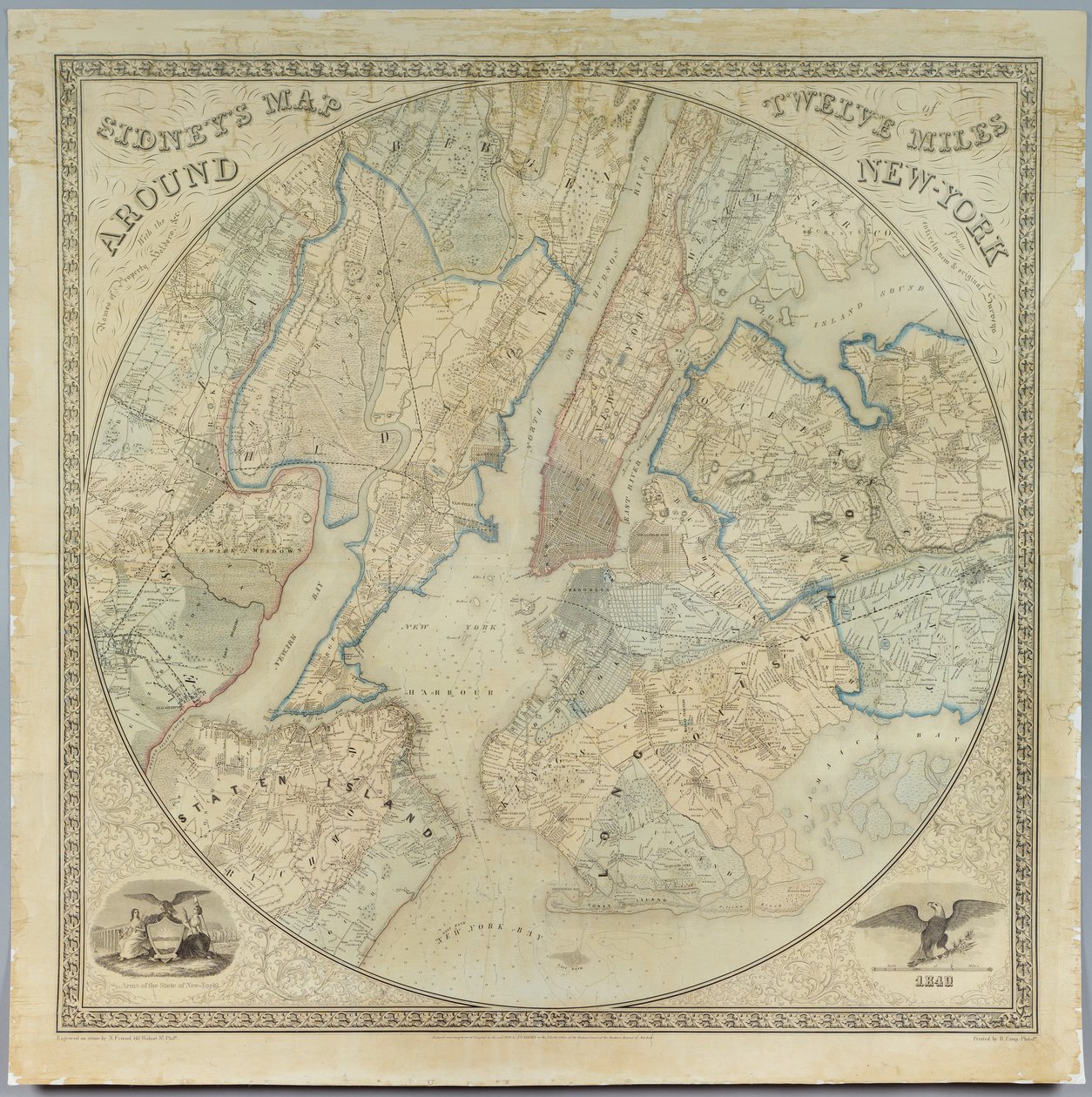Carte de Sidney Douze Miles autour de New York, lithographie par Norman Friend, imprimée par John Henry Camp, 1849 - American School
