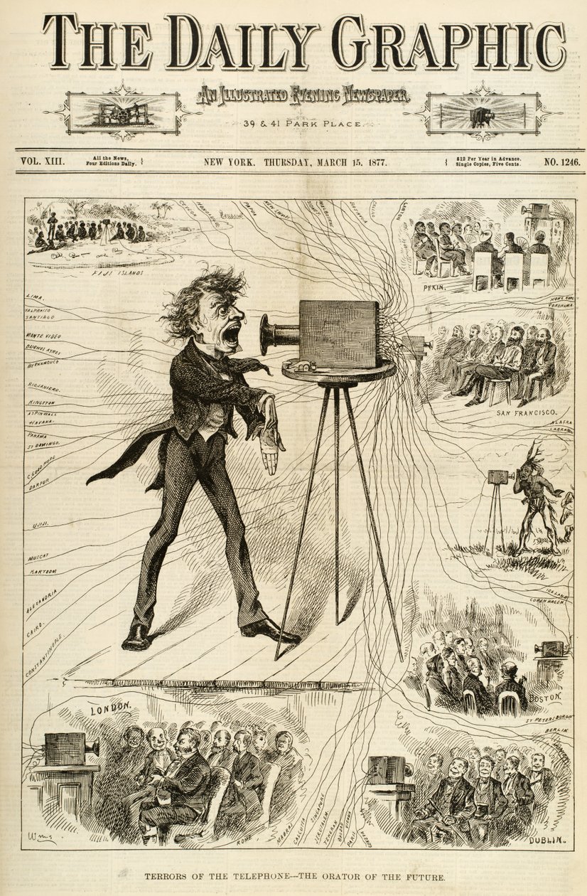 Les terreurs du téléphone, illustration du Daily Graphic, 15 mars 1877 - American School