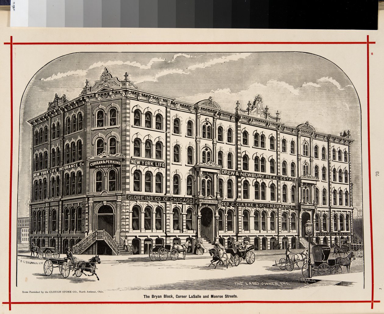 Le Bryan Block, coin des rues LaSalle et Monroe, Chicago, illustration dans The Merchants and Manufacturers of Chicago Illustrated, 1873 - American School