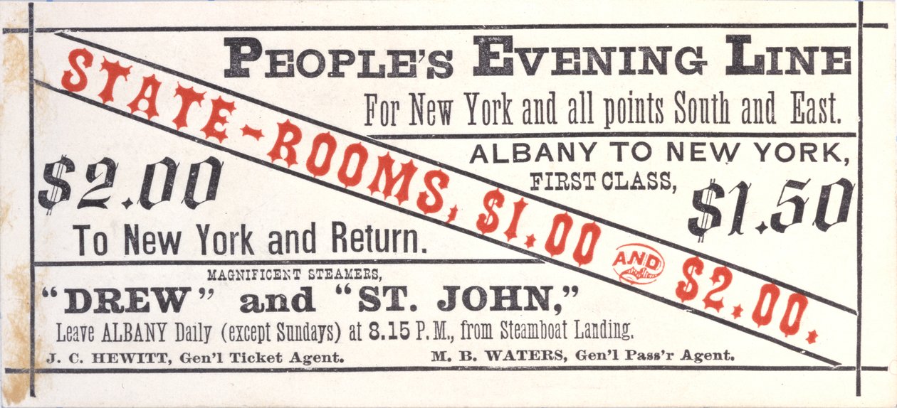Billet pour la Ligne du Soir Populaire, Albany à New York, recto - American School