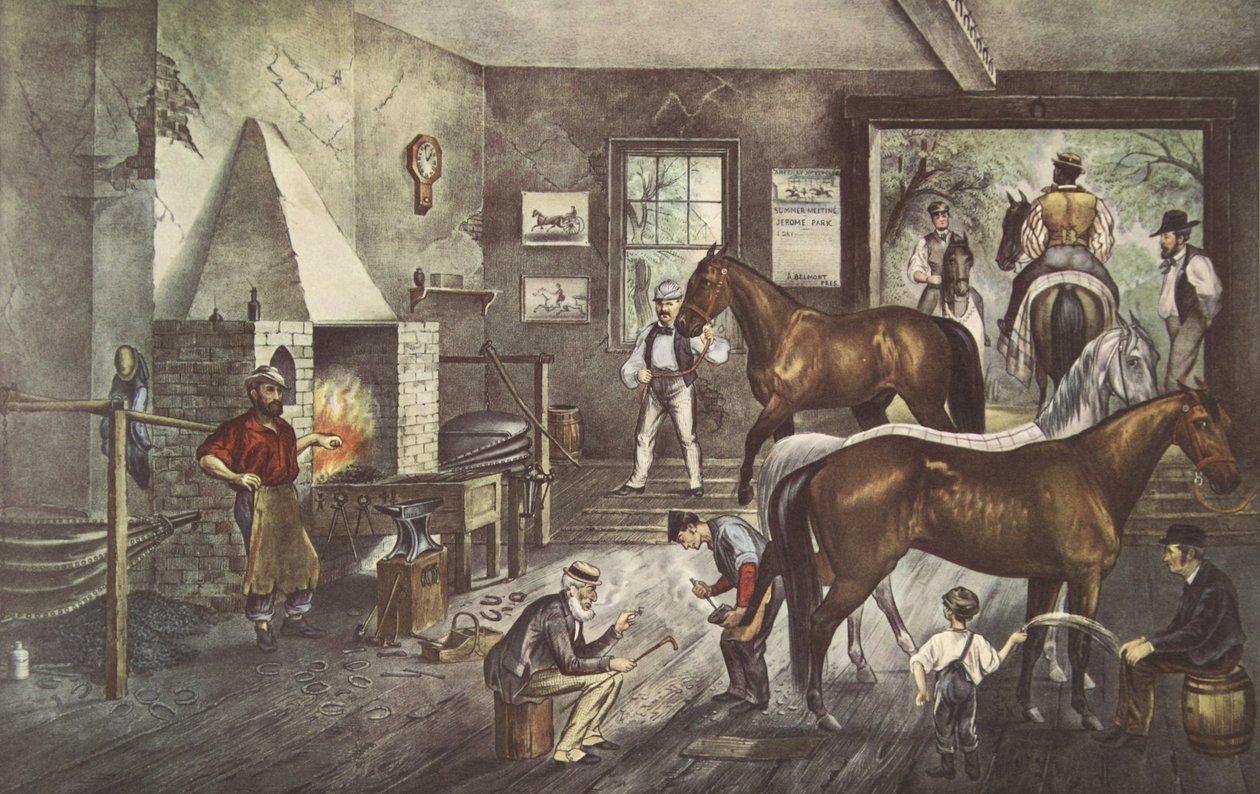 Trotting Cracks à la forge, pub. 1869, Currier & Ives - American School