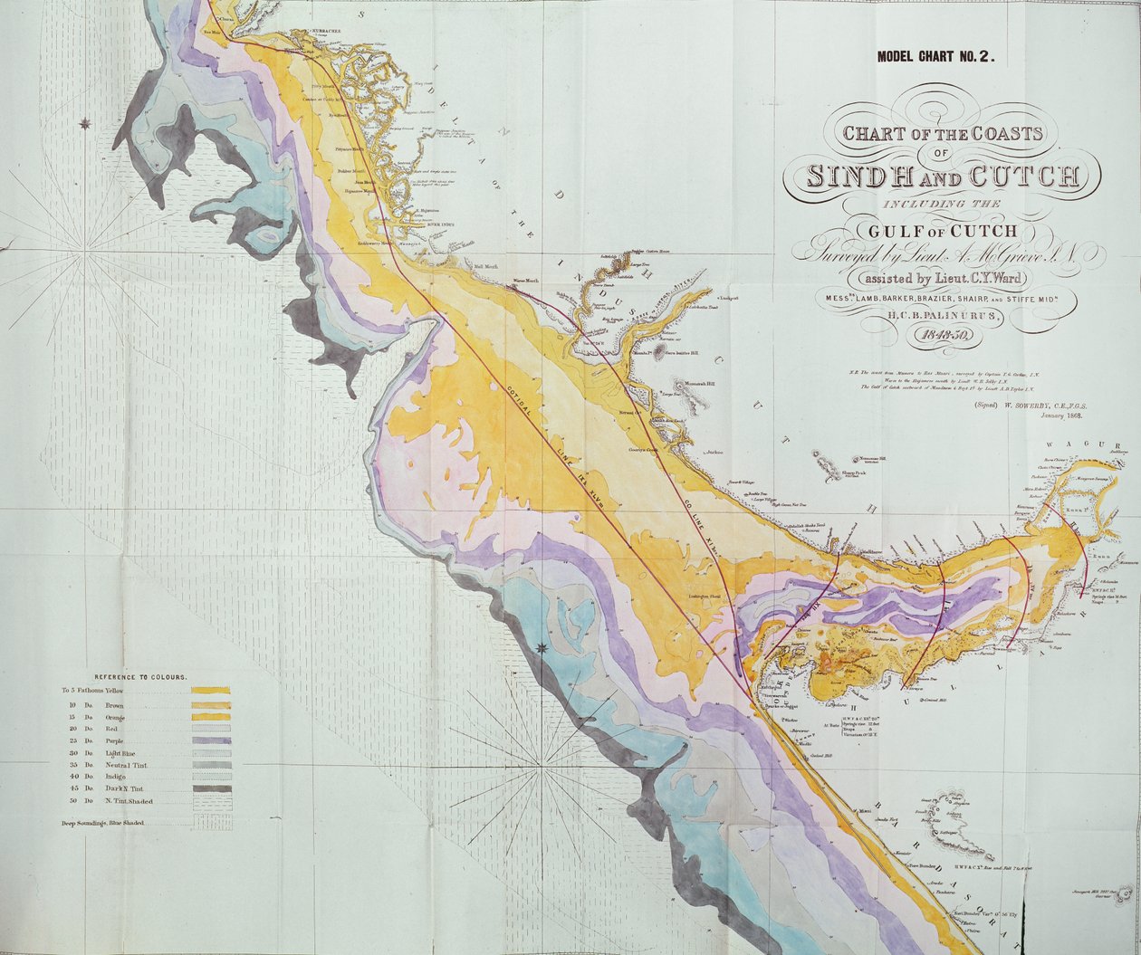 Carte des côtes, Sindh et Cutch, relevée par le lieutenant A. M. Grieve, 1848-50, 1868 - English School