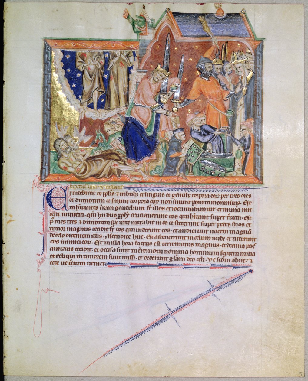 Les témoins sont laissés sans sépulture et leurs âmes montent au ciel, du Gulbenkian Apocalypse, c.1265-70 - English School