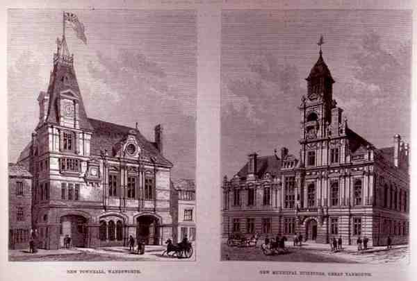 Nouvelle mairie, Wandsworth et les nouveaux bâtiments municipaux, Great Yarmouth, de The Illustrated London News, 21 janvier 1882 - English School