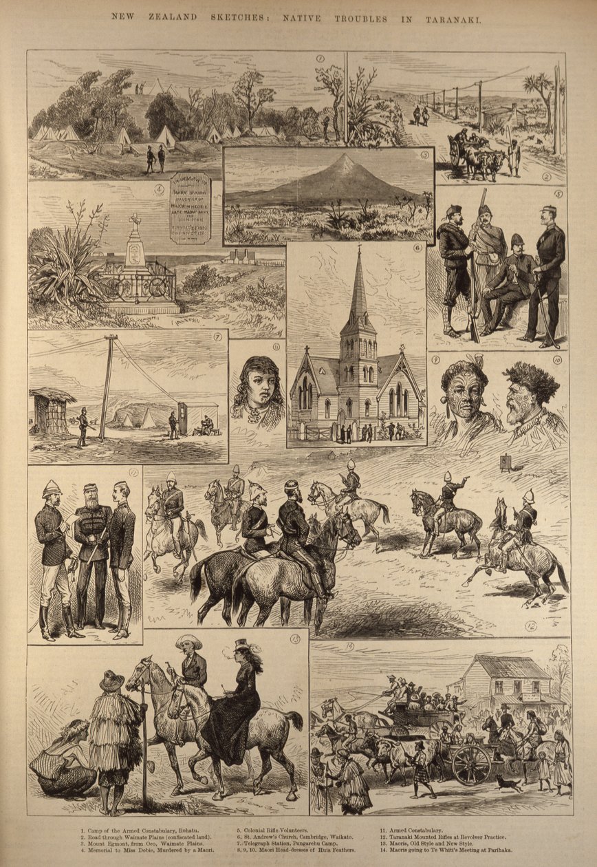 Esquisses de Nouvelle-Zélande : Troubles indigènes à Taranaki, de The Illustrated London News, 28 janvier 1882 - English School