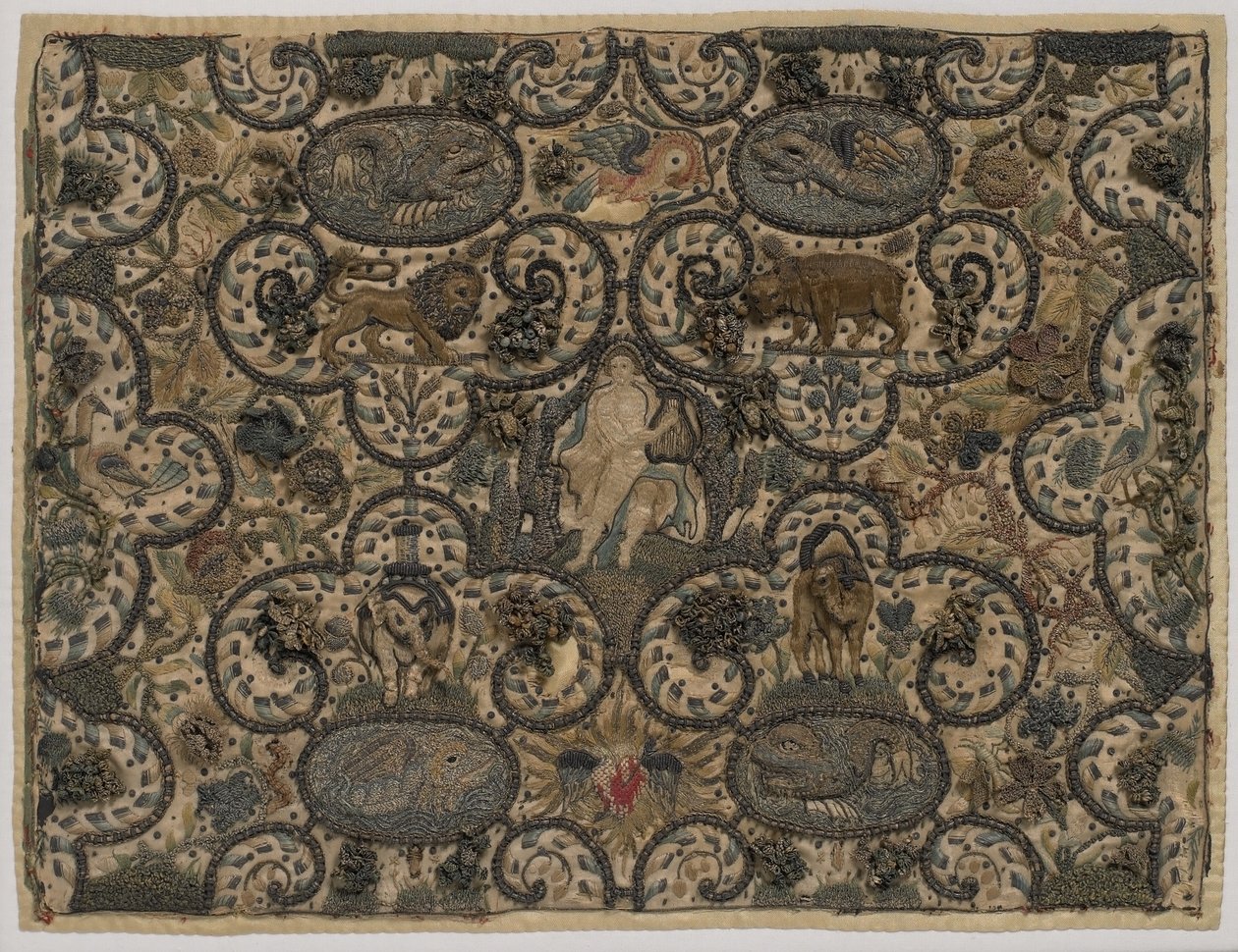 Orphée charmant les animaux avec son luth, broderie en soie, vers 1630 - English School