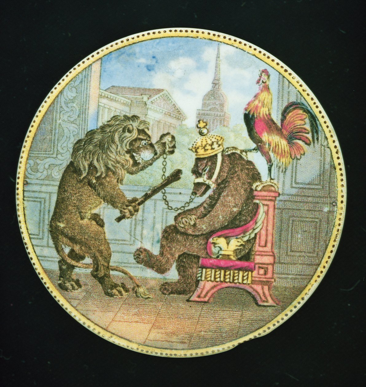 Couvercle de pot, représentant un ours, un lion et un coq, Staffordshire - English School