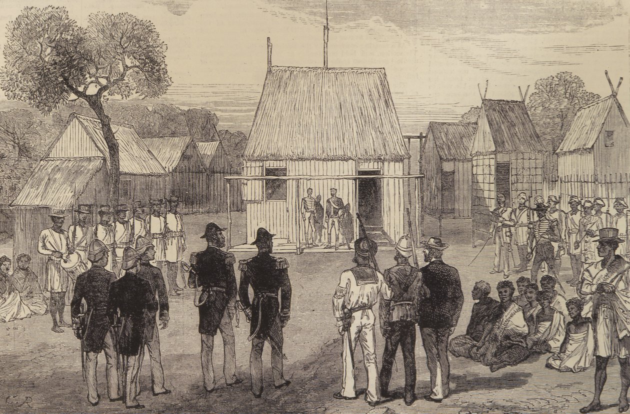 Réception des officiers de la marine britannique par le gouverneur natif de Mohabo, Madagascar, de The Illustrated London News, 26 novembre 1881 - English School