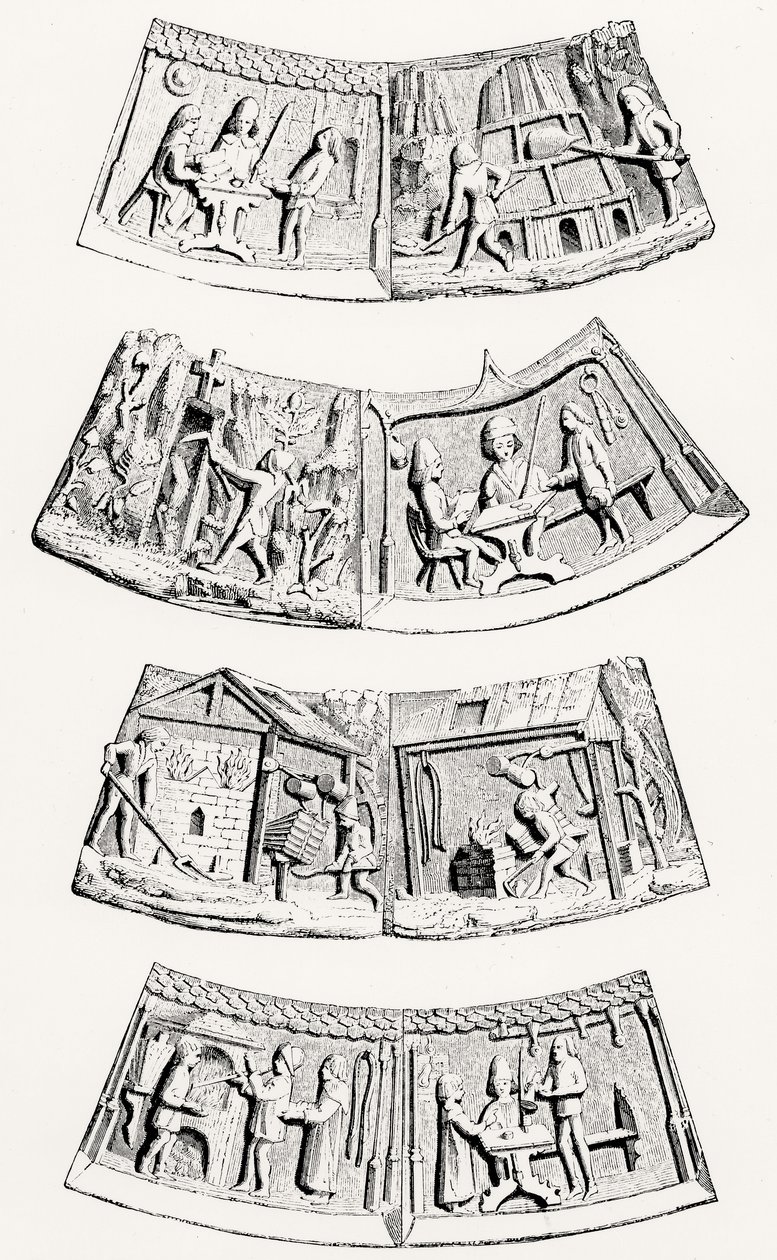 La Fonderie des métaux précieux, pièces du collier cérémonial du membre senior des orfèvres de Gand, illustration de Science et Littérature au Moyen Âge et à la Renaissance, écrit et gravé par Paul Lacroix, 1878 - English School