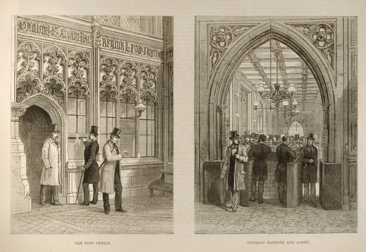La Chambre des communes : La poste et la barrière de division et le hall, de The Illustrated London News, 18 février 1882 - English School