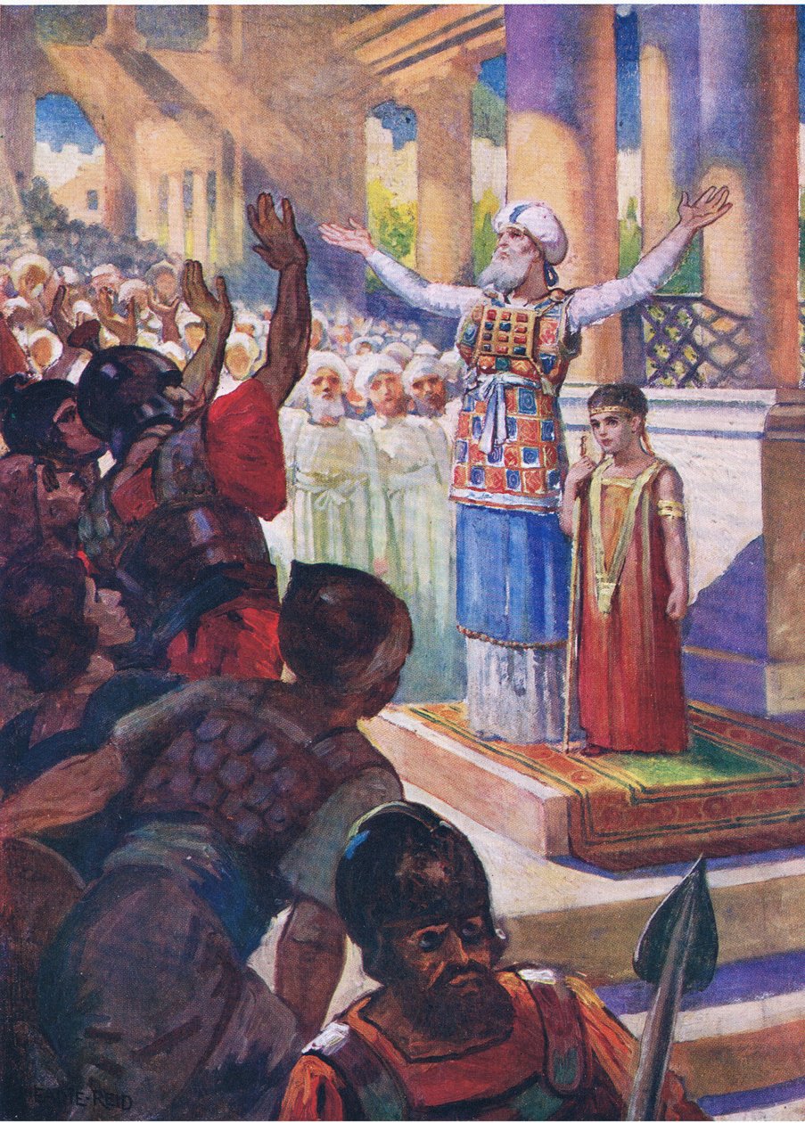 Le garçon Joas couronné roi, tiré de The Bible Picture Book publié par Thomas Nelson, vers 1950 - English School