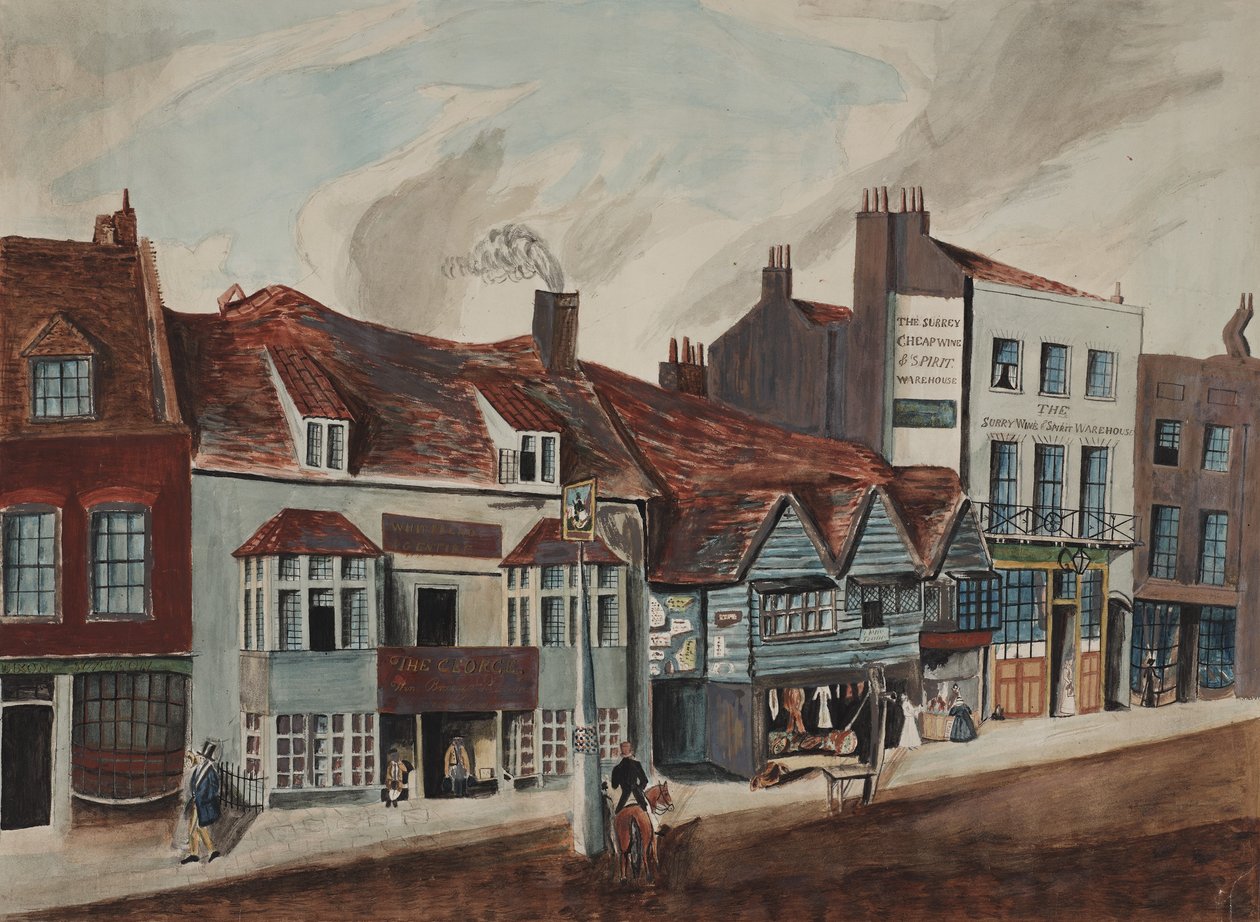 Vue de Newington Butts, Southwark montrant la taverne George et les devantures de magasins, c.1825 - English School