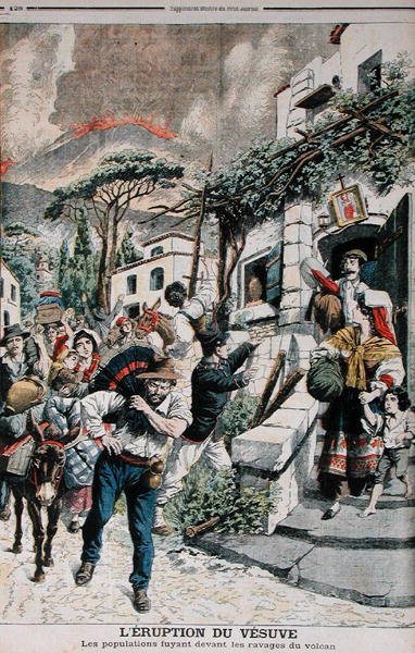 Éruption du Vésuve, les gens fuient le volcan, illustration du Petit Journal, 22 avril 1906 - French School