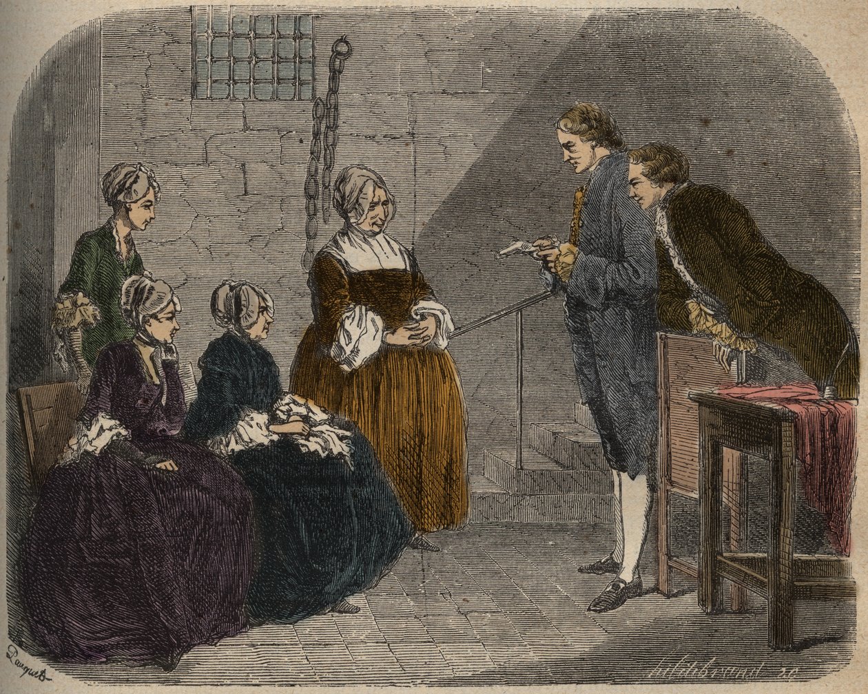 Madame Calas, avec ses deux filles, écoute le verdict du procès de son mari, Jean, illustration de Causes célèbres de tous les peuples, par Armand Fouquier, 1858-67 - French School