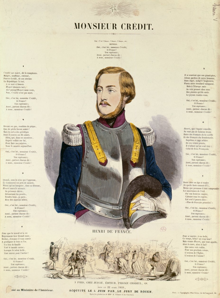 Monsieur Crédit, propagande royaliste française louant Henri Charles Ferdinand Marie Dieudonné de France, Duc de Bordeaux, Comte de Chambord - French School