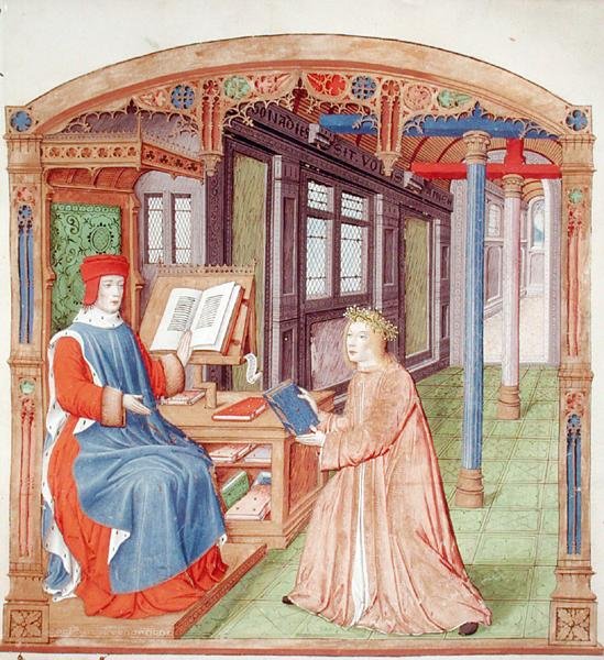 Virgile offrant son livre à Mécène, des Bucoliques de Virgile avec un commentaire de Servius, 1469 - French School