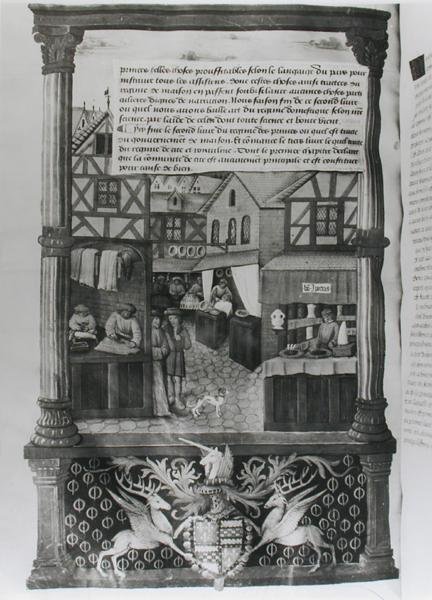 Une rue avec des boutiques et les armoiries de Robert Stuart, Maréchal d