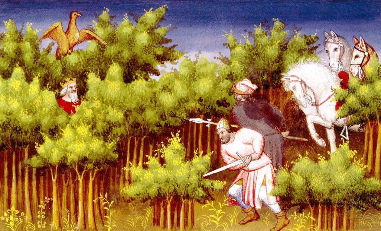 Ms Fr 2810 f.200v, Gengis Khan échappe à ses ennemis en se cachant dans les buissons, du Livre des Merveilles du Monde, c.1410-12 - French School