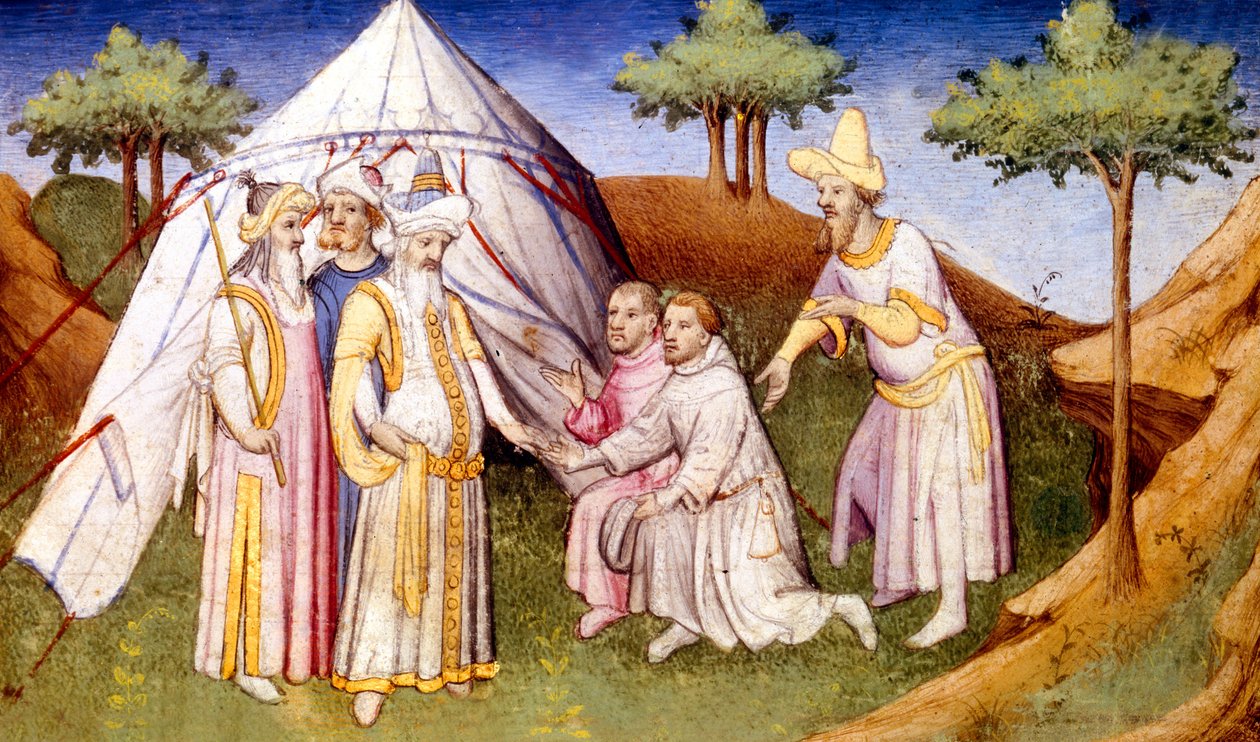 Ms Fr 2810 f.2v, Kubilai Khan accueilli par les frères Polo, du Livre des Merveilles du Monde, c.1410-12 - French School