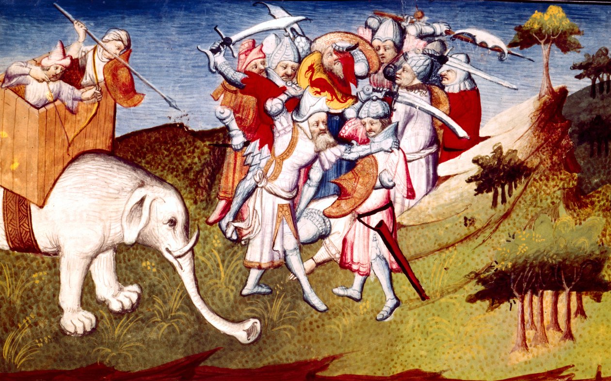 Ms Fr 2810 f.33, Marco Polo dans la bataille entre Gengis Khan et son oncle Nouern, illustration du Livre des Merveilles du Monde, c.1410-12 - French School