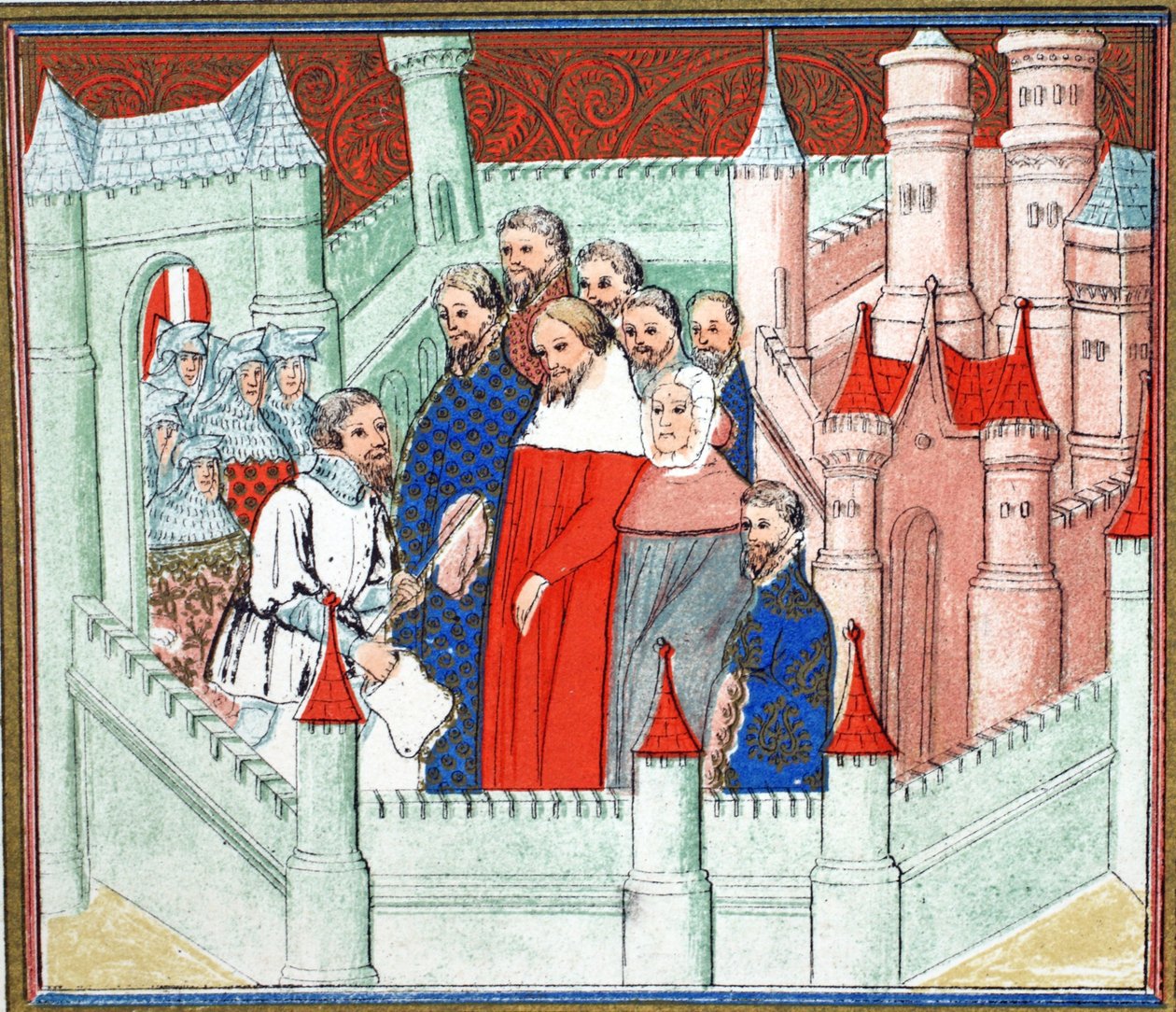 Richard II au château de Flint où il fut livré prisonnier à Bolingbroke, son rival pour le trône, copie fac-similé de Le Prinse et Mort du Roy Richart par Jean Creton, réimprimé au 19ème siècle (couleur) - French School