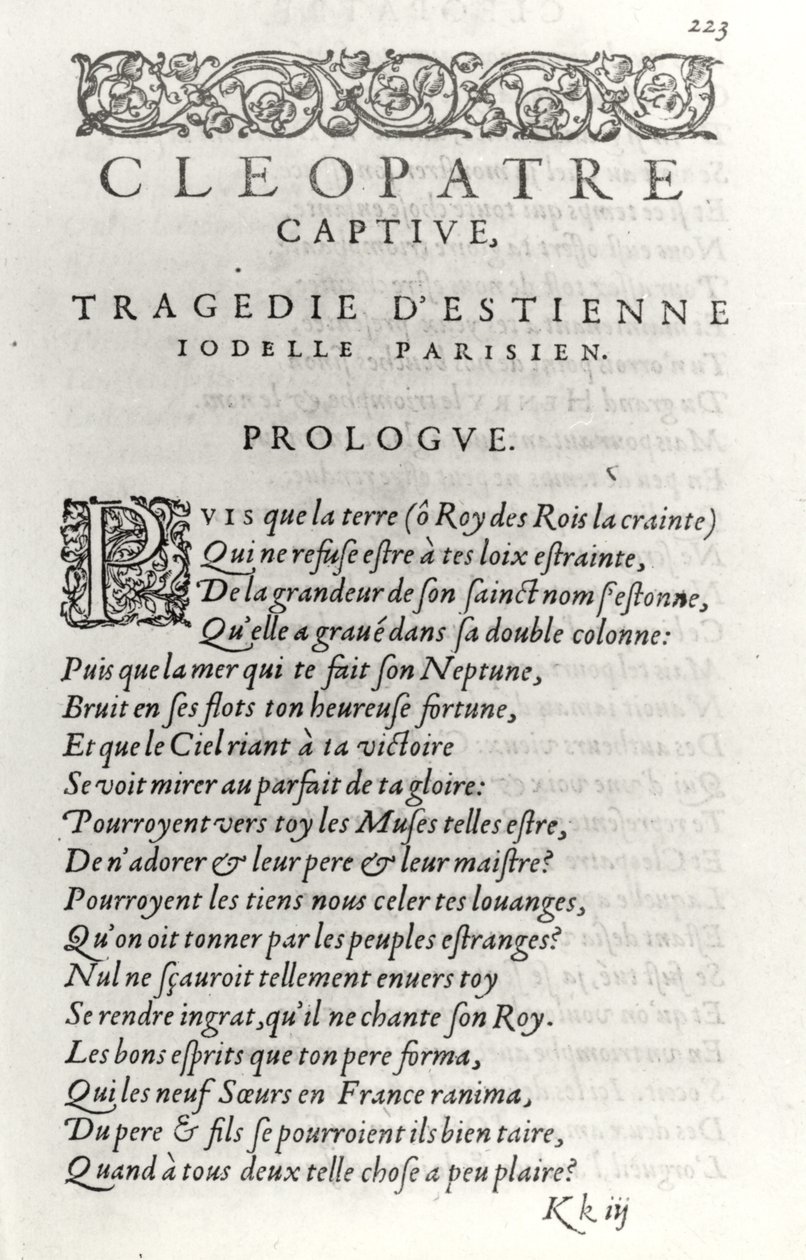 Page de titre de Cleopatre Captive, par Etienne Jodelle, 1574 - French School