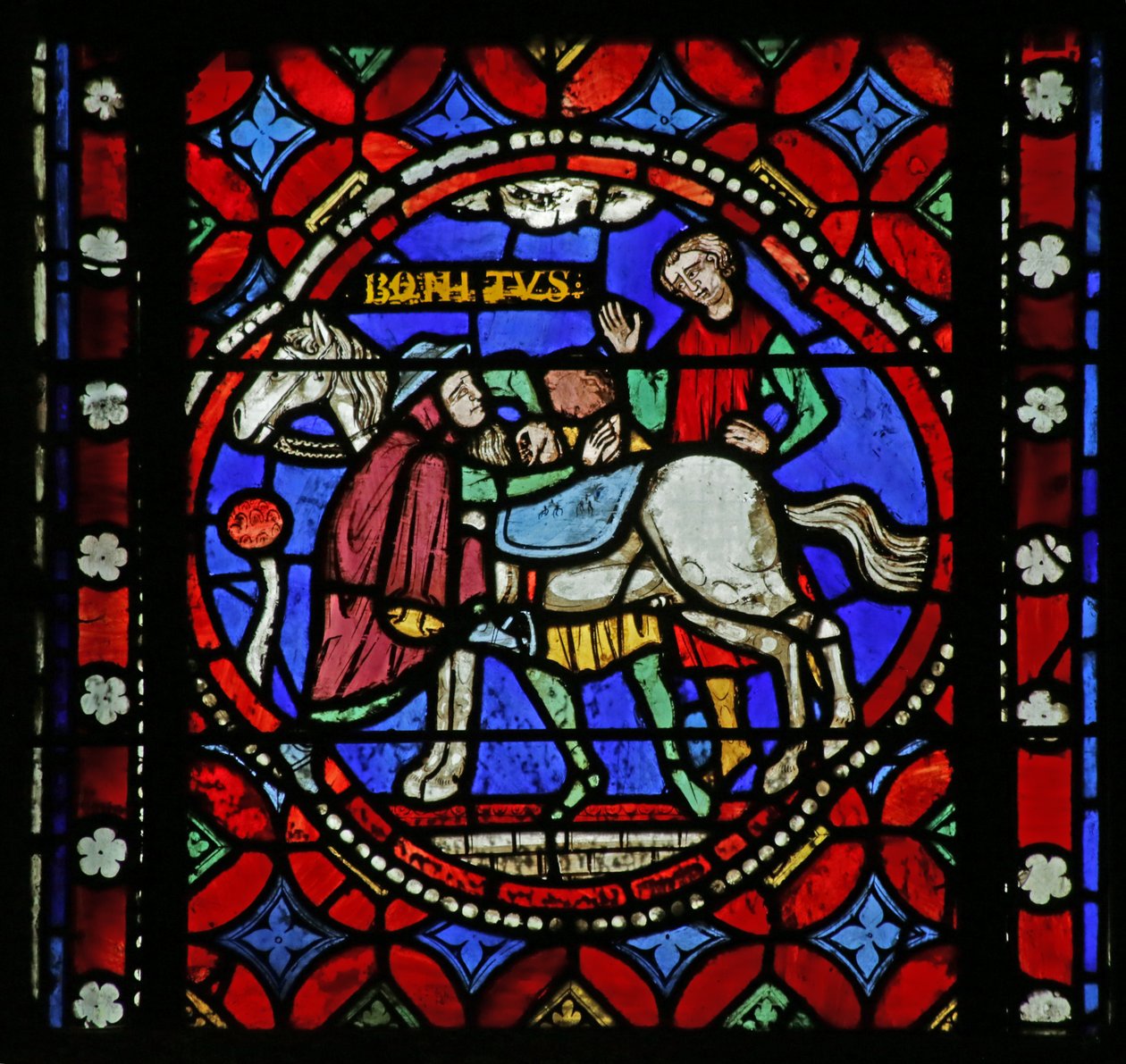 Vitrail représentant Scène de la Vie de Saint Bonnet : Saint collectant et montant son Cheval pour un Pèlerinage à Rome - French School