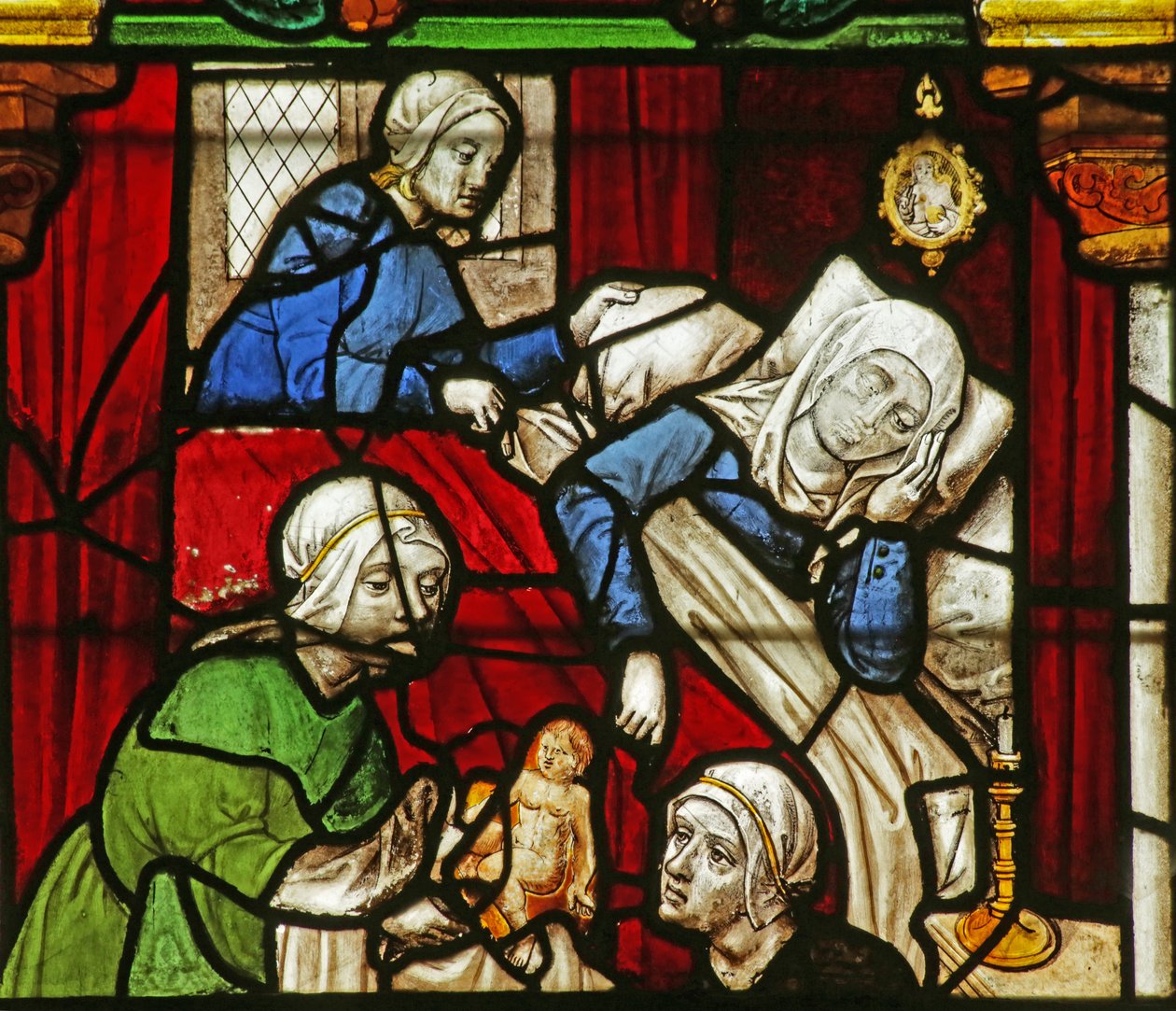 Vitrail représentant la naissance de la Vierge Marie - French School