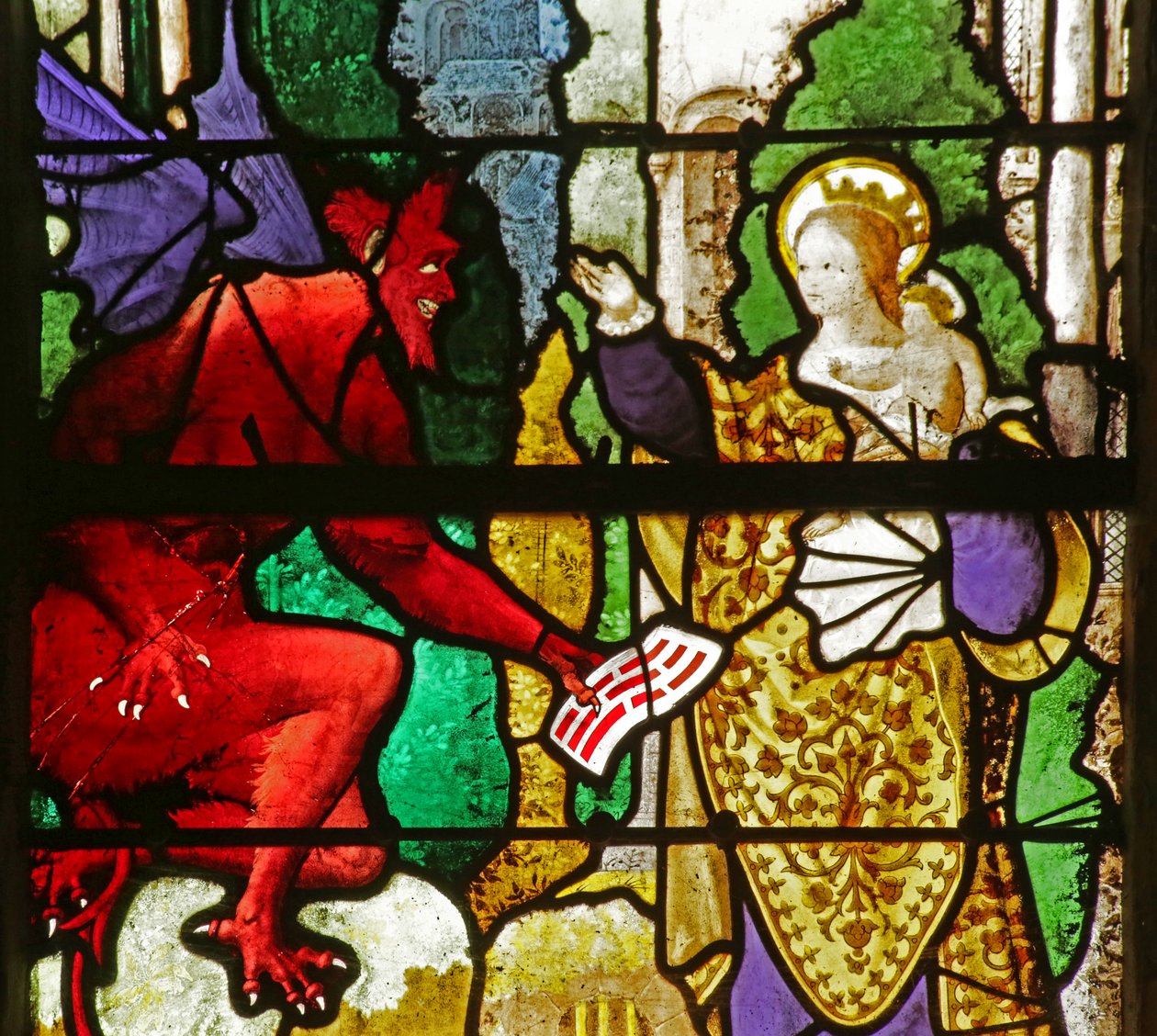 Vitrail représentant la Vierge Marie récupérant le pacte de Théophile du diable - French School