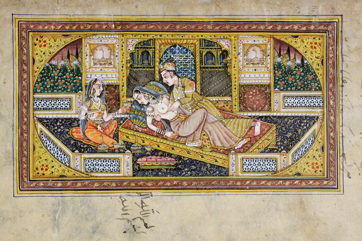 Un homme courtise une femme dans une scène de boudoir, miniature rajasthani - Indian School