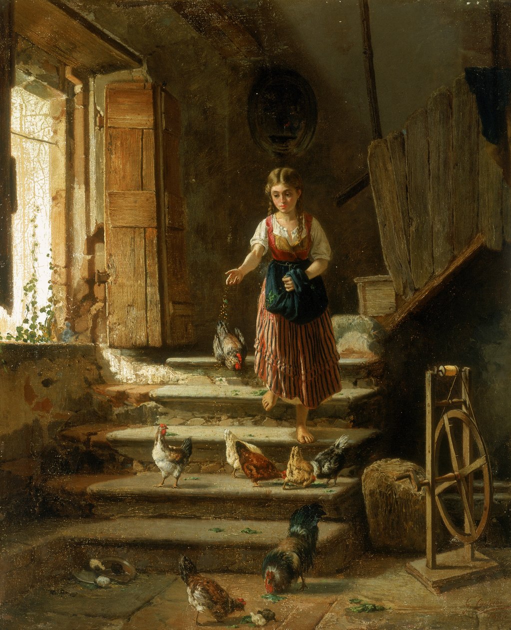 Une paysanne et des poules - Italian School