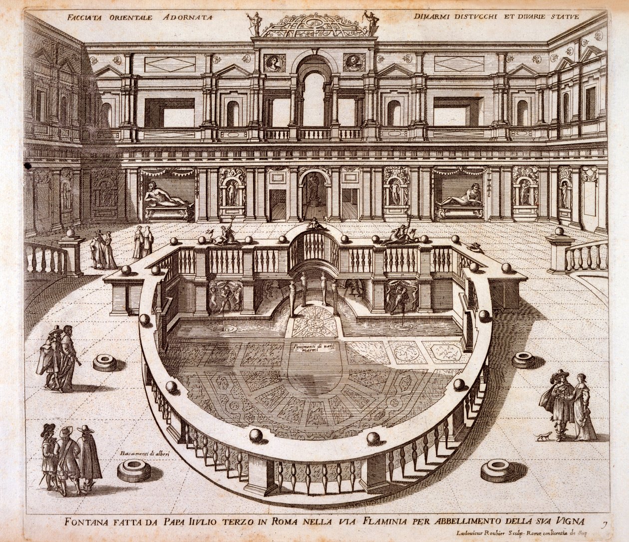 La cour de la fontaine avec pavage en marbre et balustrade construite pour le pape Jules III à son palais près de la Via Flaminia, Rome - Italian School