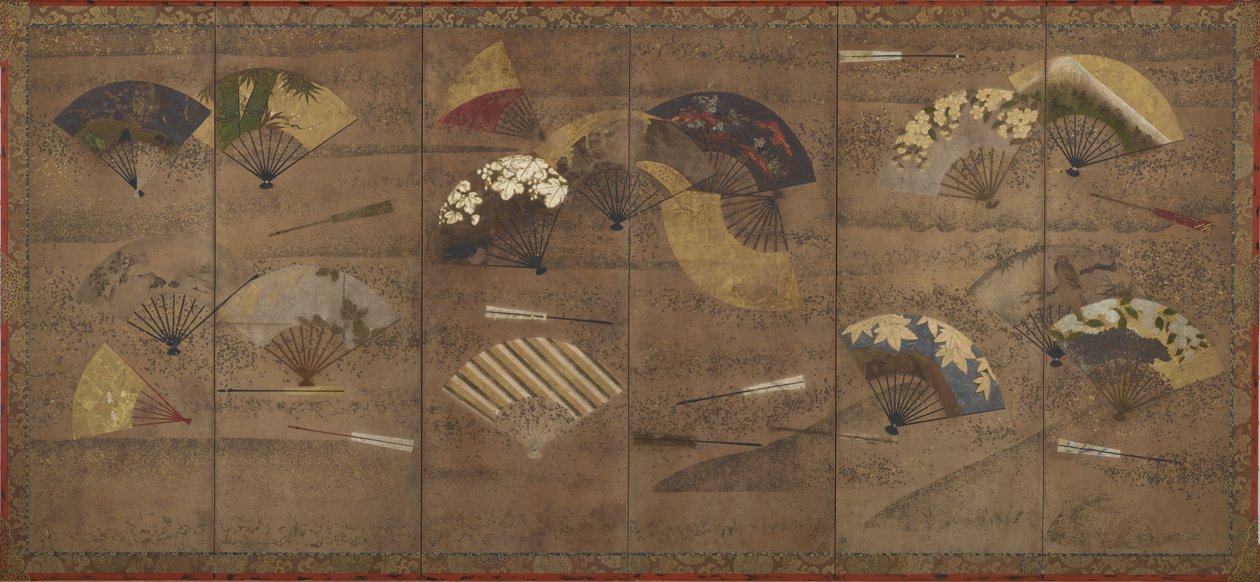 Éventails décorés, écrans (six panneaux), début du XVIIe siècle - Japanese School