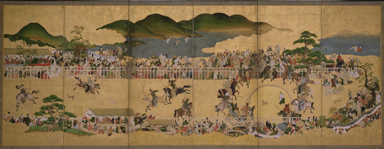 Écran pliant à six panneaux représentant un concours de chasse au chien, japonais - Japanese School