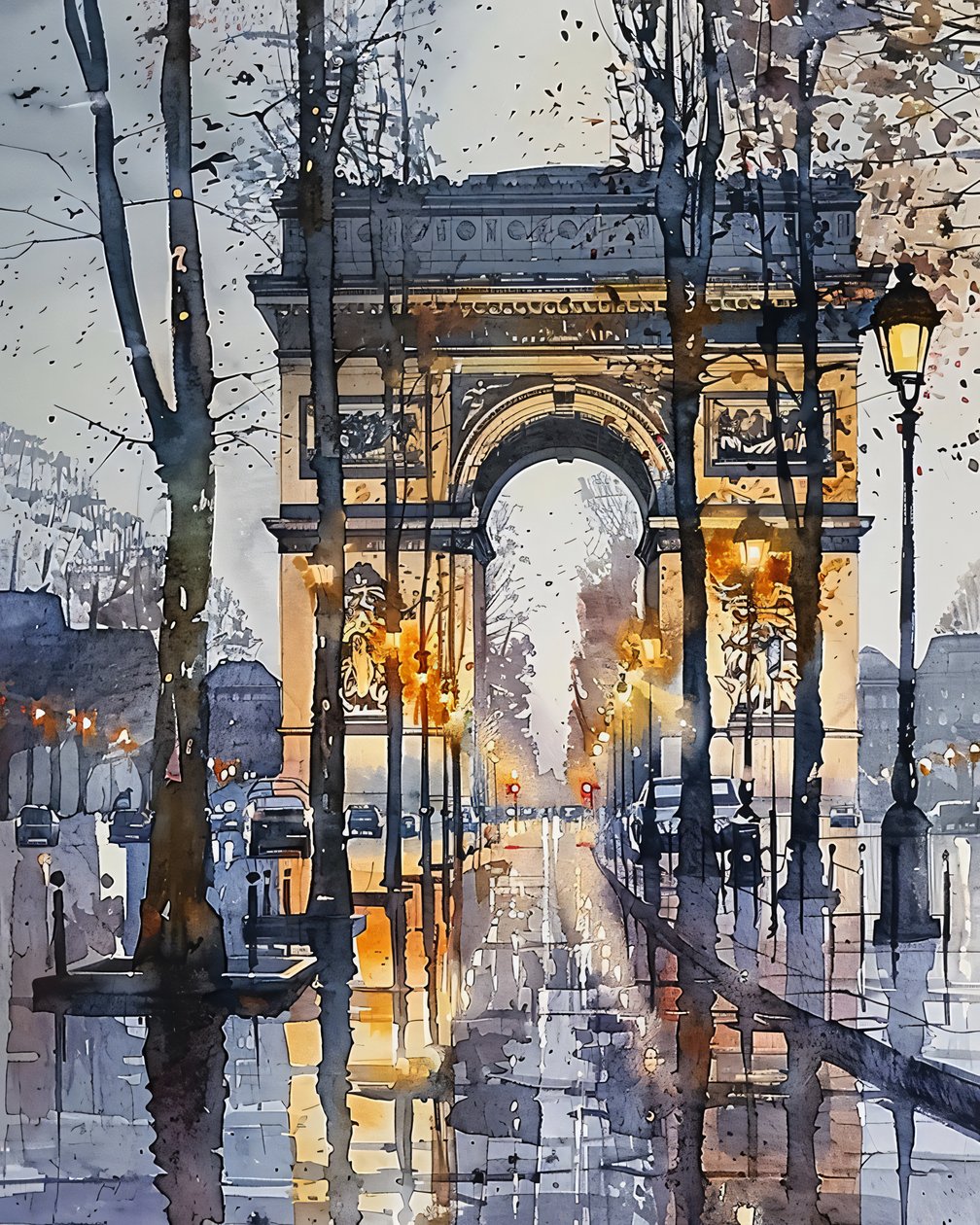 Peinture aquarelle des Champs-Élysées à Paris en hiver - F. Abderrahim