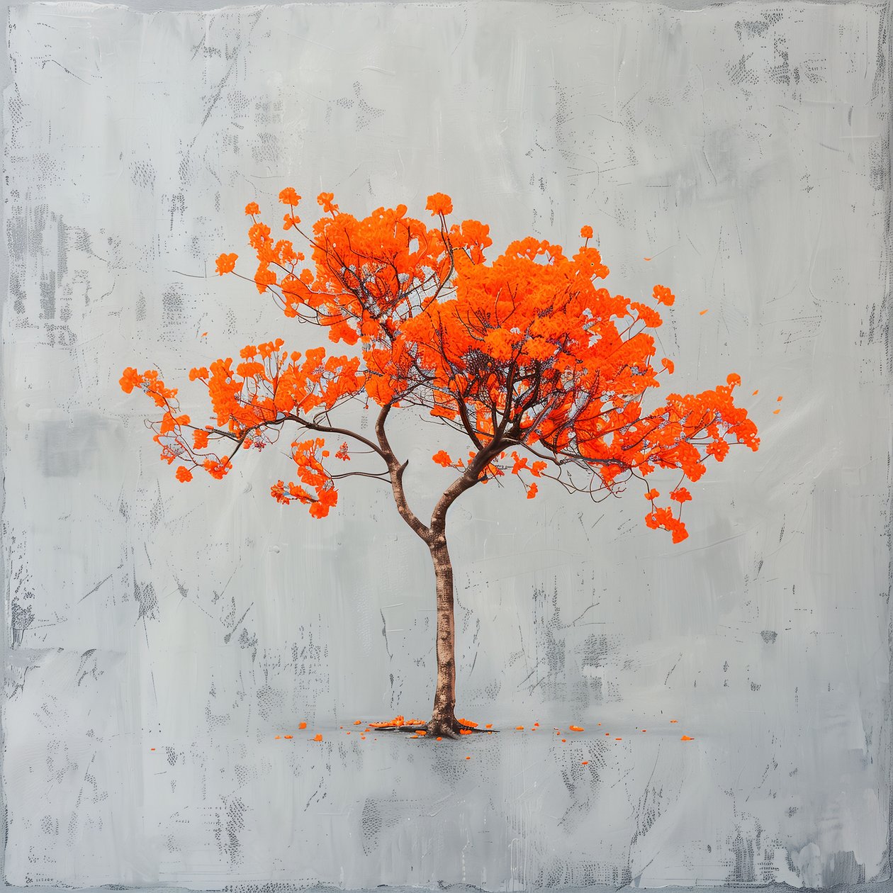 Peinture minimaliste : feuille orange et fond gris - F. Abderrahim
