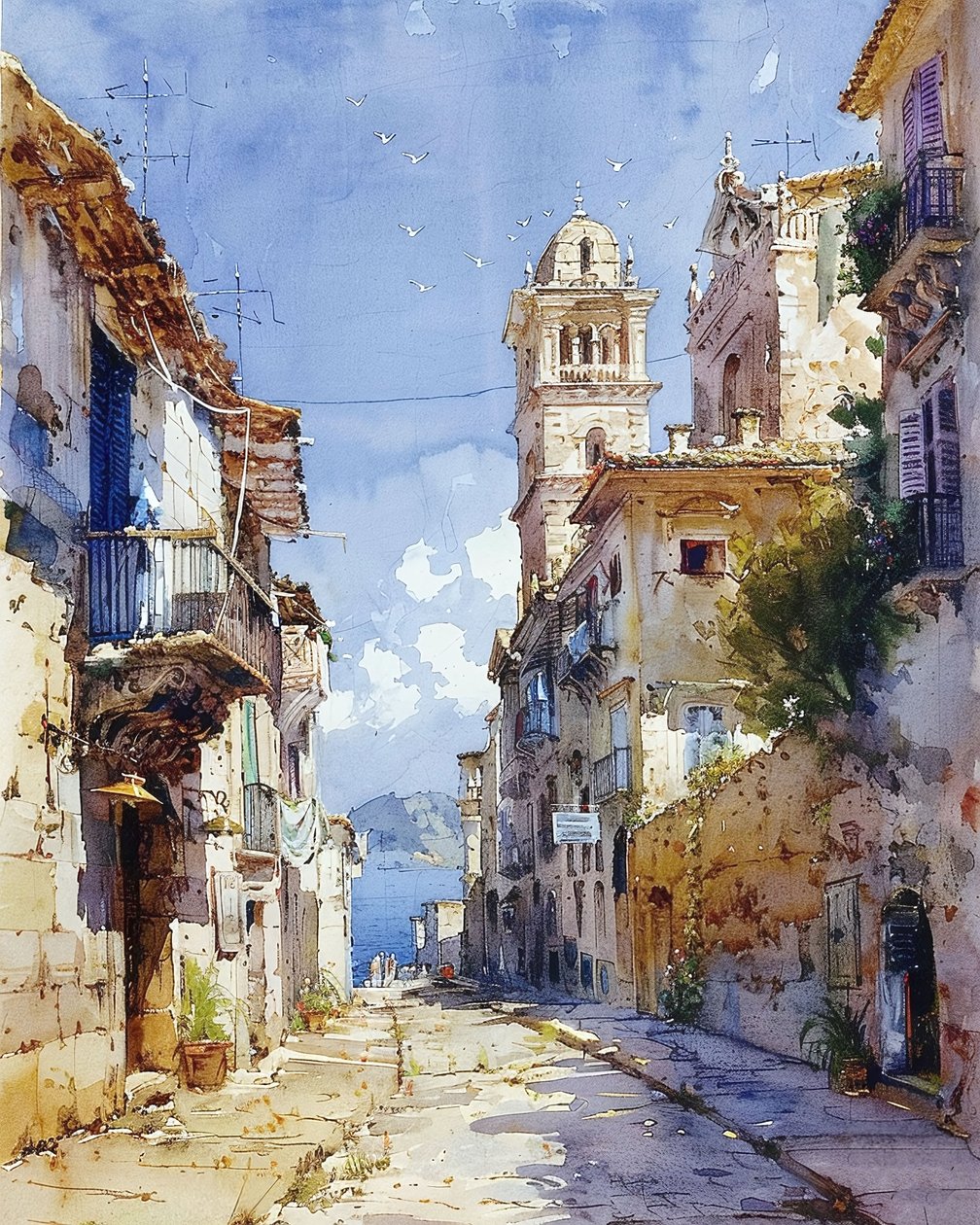 Maisons blanches surplombant la mer Méditerranée, décoration murale moderne - F. Abderrahim