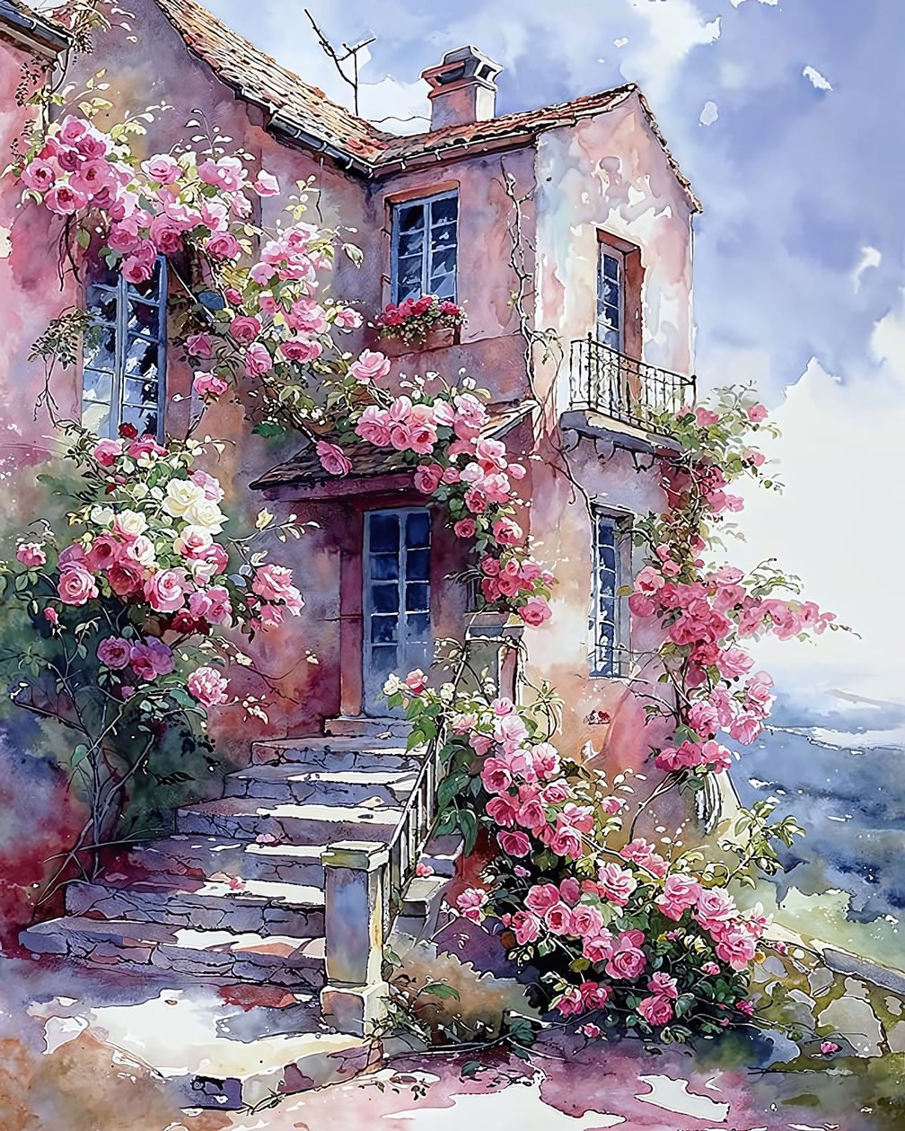 Maison entourée de plantes grimpantes avec des fleurs rouges et roses - F. Abderrahim