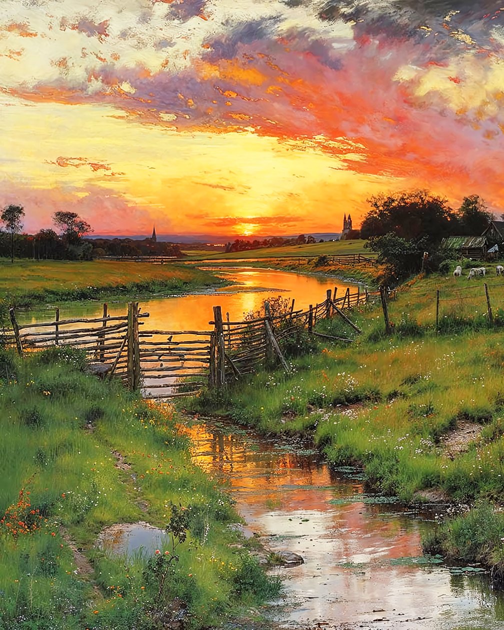 Coucher de soleil sur un ruisseau sinueux à la campagne - F. Abderrahim