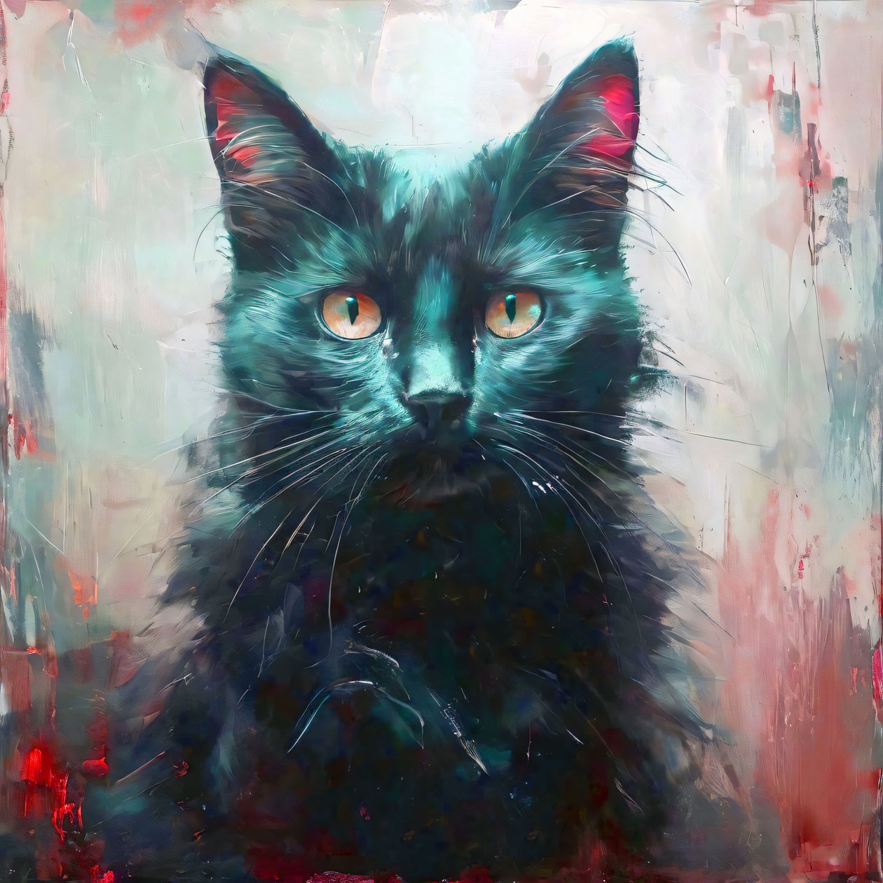 Impression sur toile : un chat noir aux yeux jaunes assis pour la décoration murale - F. Abderrahim