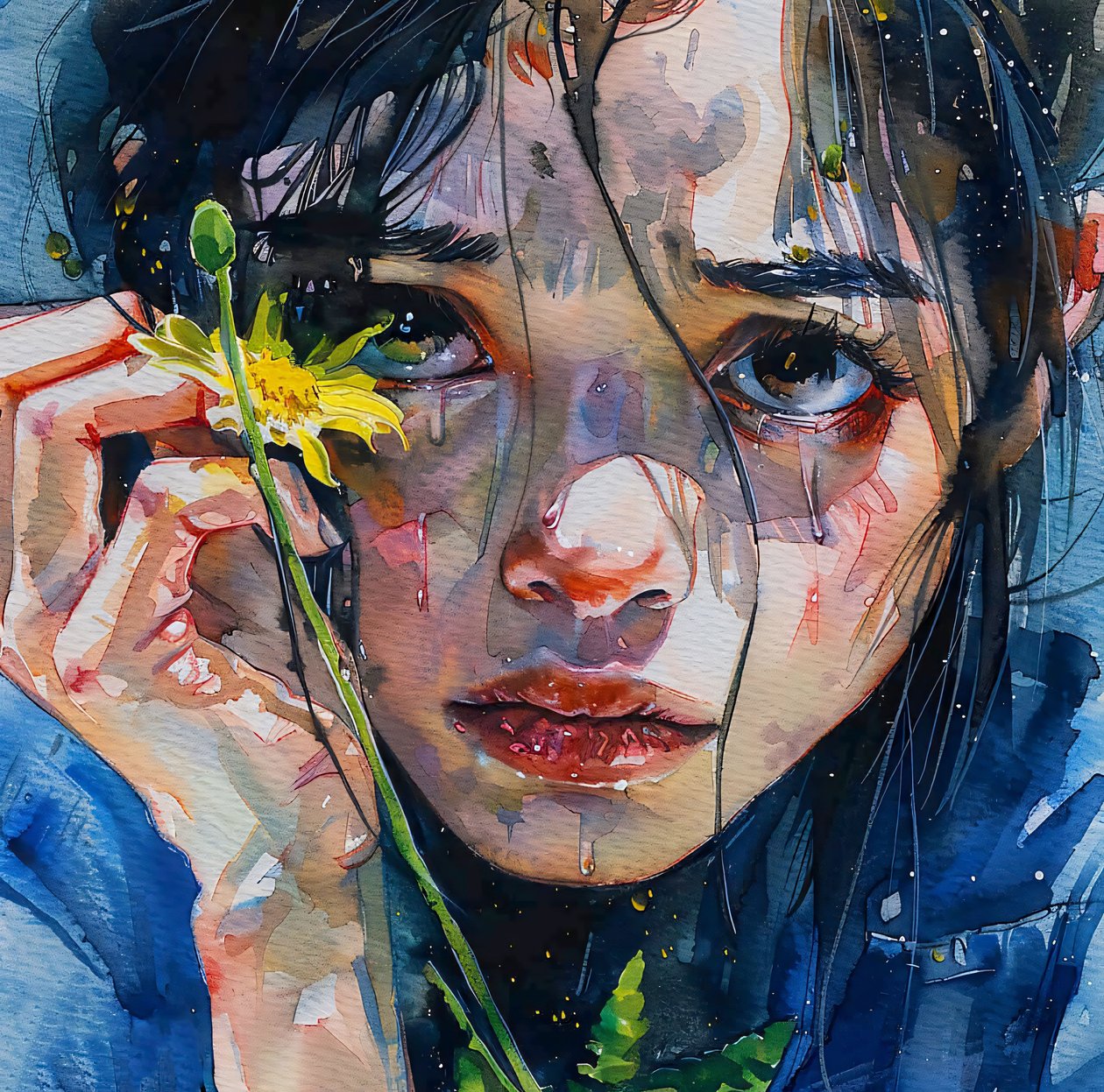 Une fille caresse une fleur jaune, portrait en gros plan, impression sur toile en ligne - F. Abderrahim