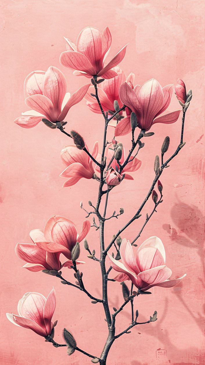 Fleurs minimalistes roses et grises, décoration murale botanique pour la chambre à coucher - F. Abderrahim
