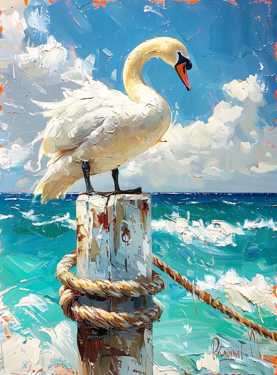 Oiseau migrateur blanc, oies au bord de la mer, couleurs bleues, idées de décoration murale - F. Abderrahim