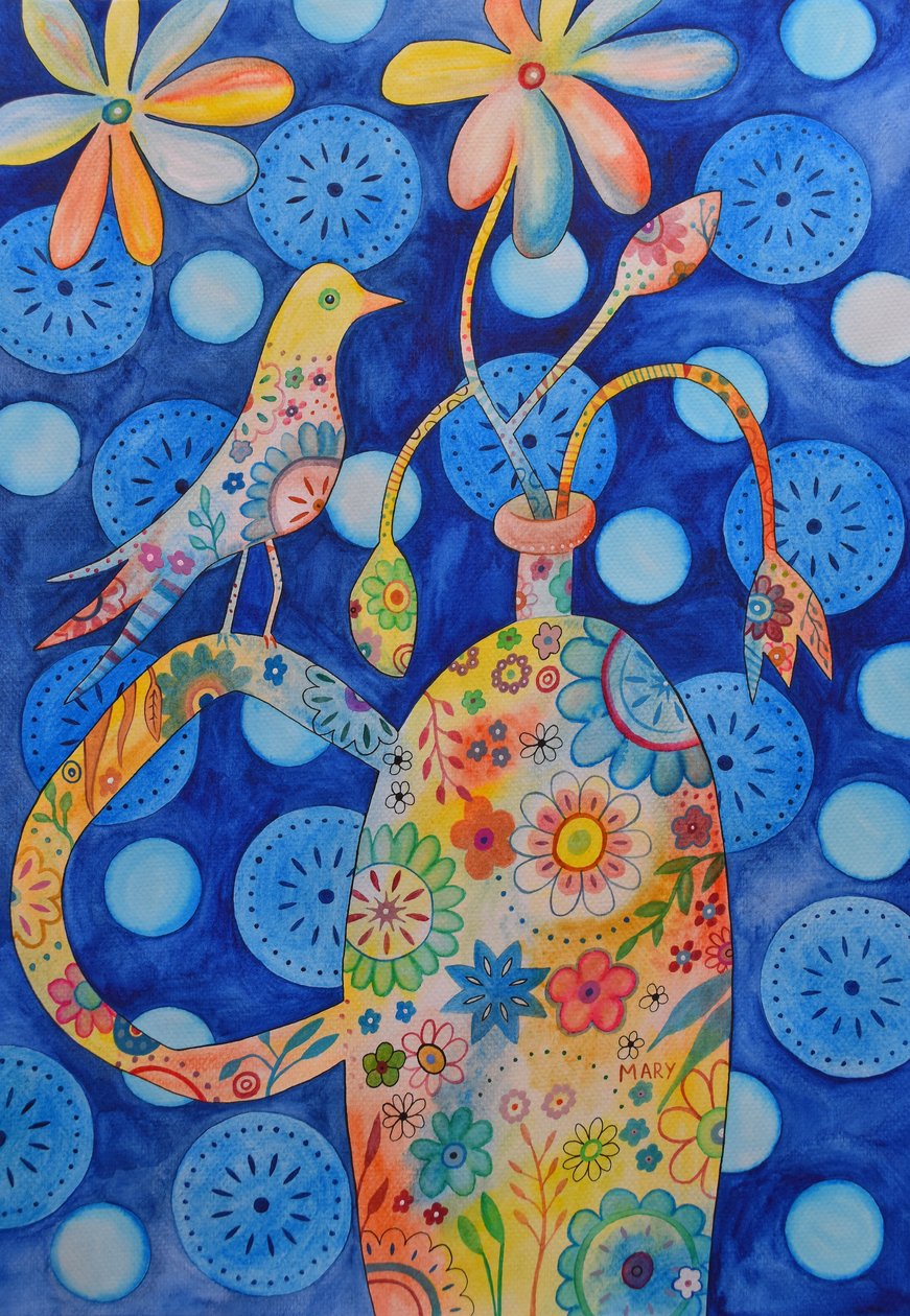 Oiseau sur vase de fleurs - Marys Watercolors