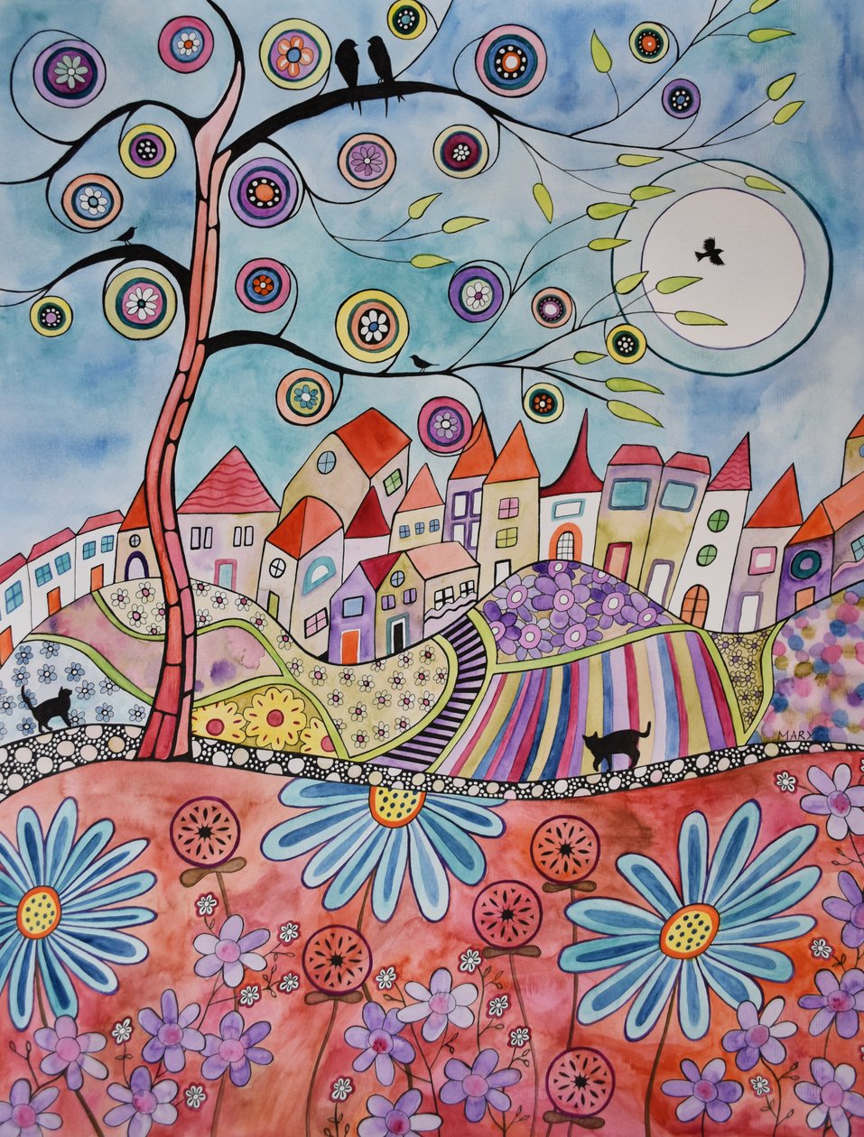 Village derrière la prairie rouge - Marys Watercolors