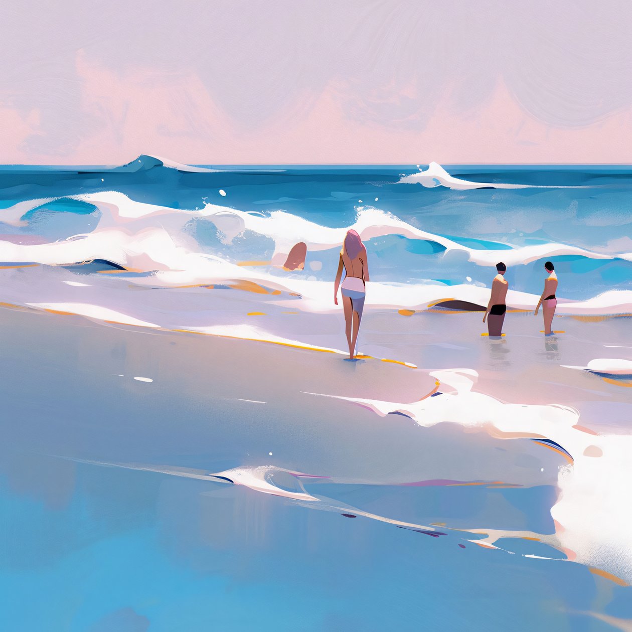 Menschen am Strand Minimalistische Aquarell von F. Abderrahim