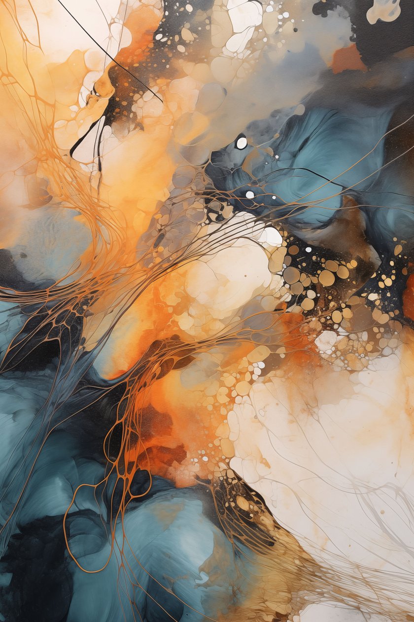 Peinture abstraite, vague bleue et orange, fond blanc, Impressions sur toile personnalisées - F. Abderrahim