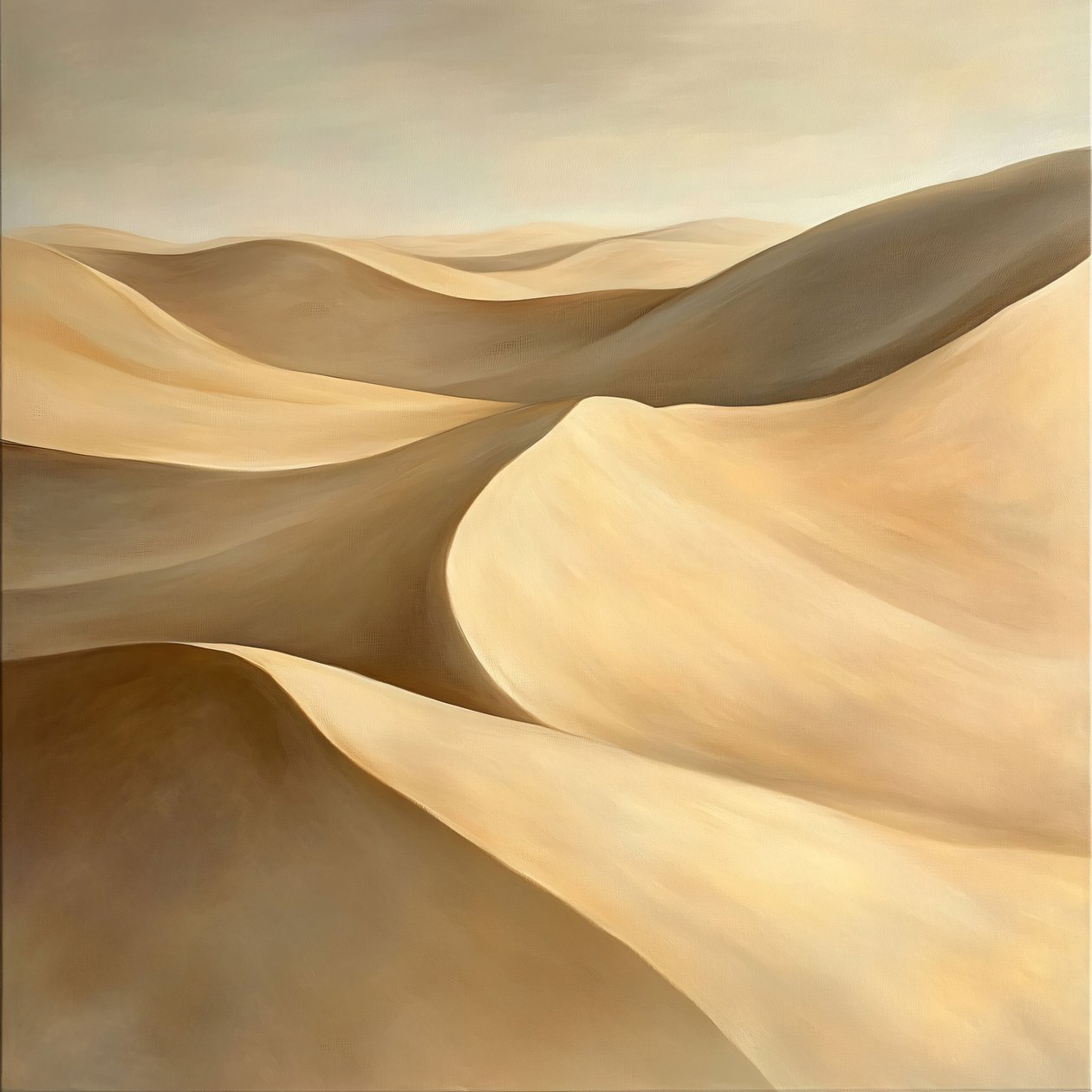 Un paysage désertique, des teintes dorées et des collines ondulantes sous un ciel pastel, décoration murale pour la maison - F. Abderrahim