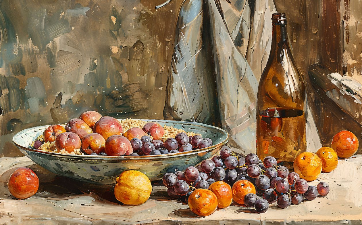 Nature morte, fruits et bouteille de vin, peinture au pinceau, Décoration murale à vendre - F. Abderrahim